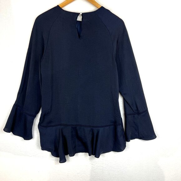 Mossimo Navy Blue Hi-Low Ruffle Hem Blouse With Long Bell Sleeves - Size S - Picture 4 of 10